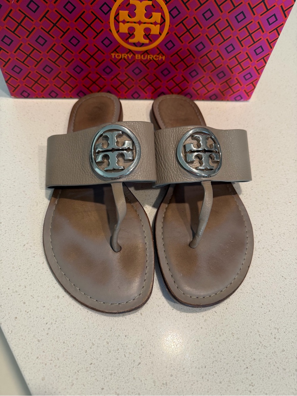 Tory Burch Taupe Girls Miller Thong Sandals with Logo and on the Box